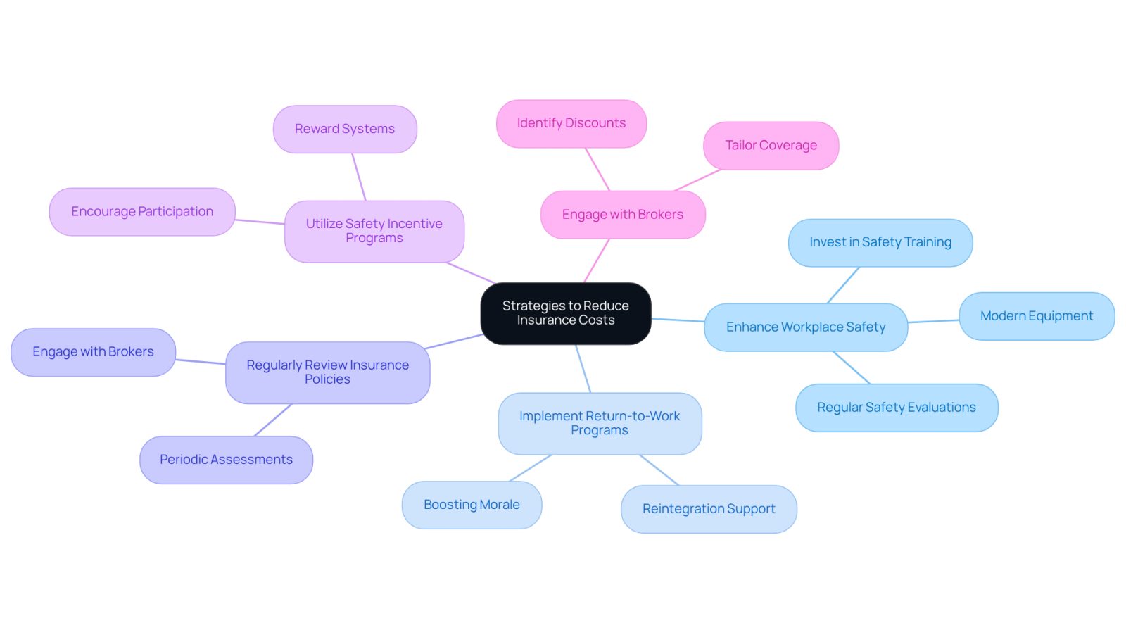 The central node represents the main goal of reducing insurance costs. Each branch shows a strategy that contributes to this goal, with further details on actions or benefits that support each strategy. Follow the branches to see how they connect to the central theme.