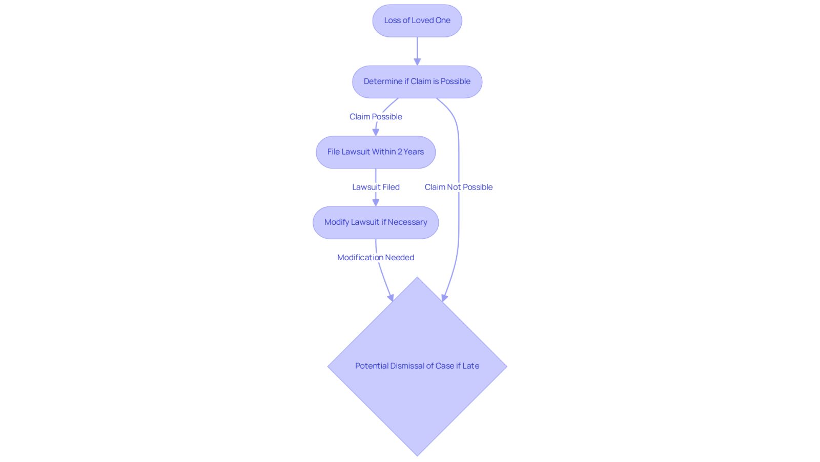 This flowchart shows the critical steps families need to follow after losing a loved one to ensure they don't miss their chance for justice. Each box represents an important action, and the red box warns of the serious consequence of missing the deadline.